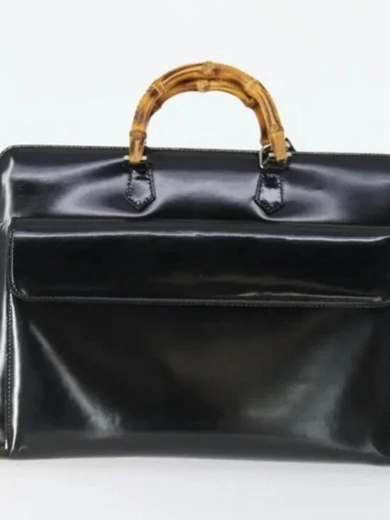 GUCCI Bamboo Hand Bag Patent leather 2 Set Black Auth bs33355 - Picture 2 of 16